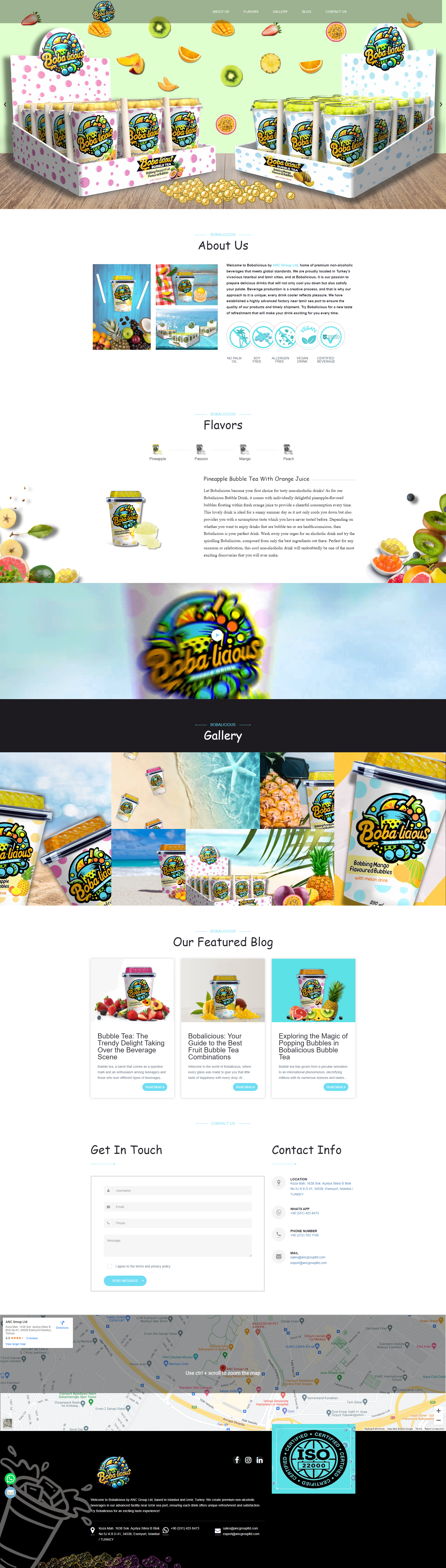 Bobalicious website showcasing vibrant bubble tea varieties and flavors.