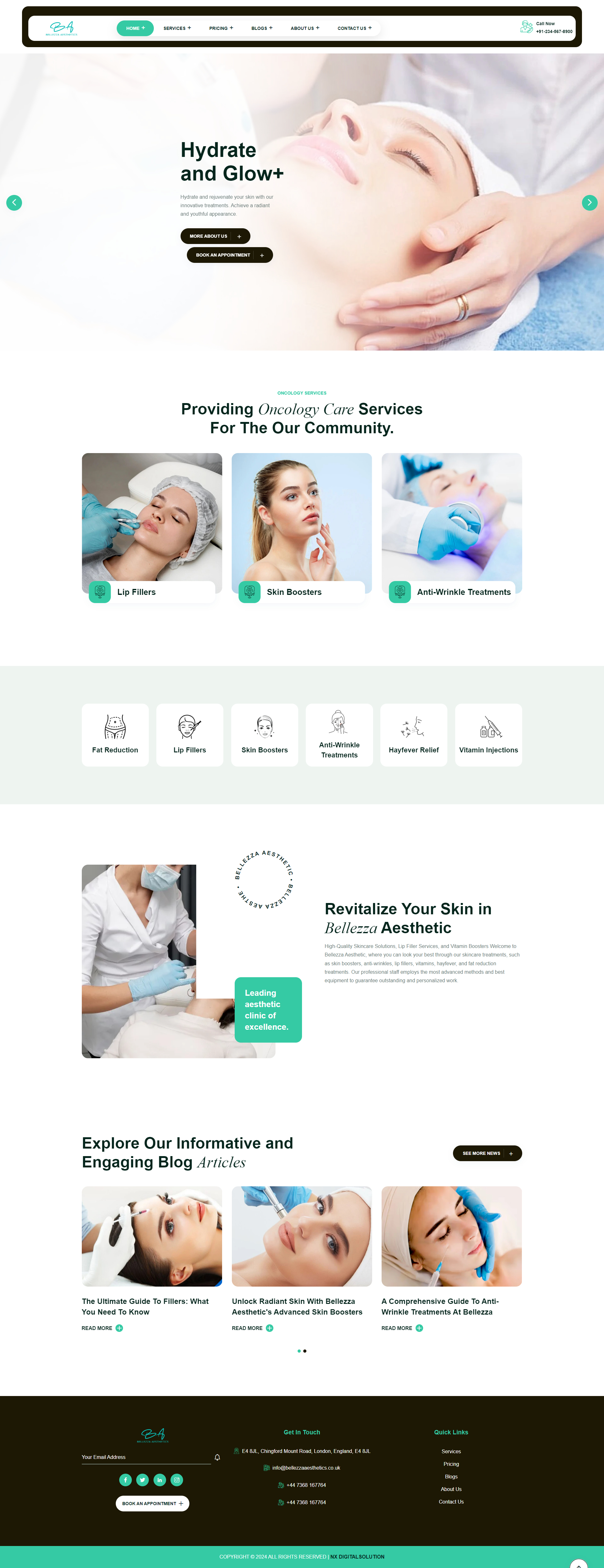 Bellezza Aesthetic's homepage showcasing their services, including lip fillers, skin boosters, and anti-wrinkle treatments, with a focus on providing advanced skincare solutions.