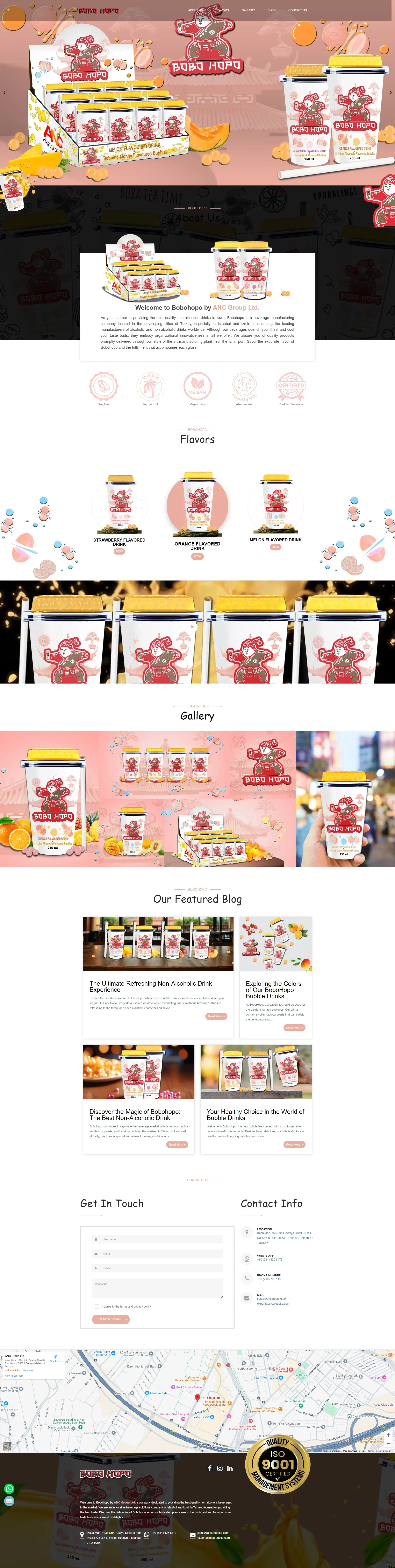 Bobohopo product page showcasing various bubble tea flavours, packaging, and promotions.