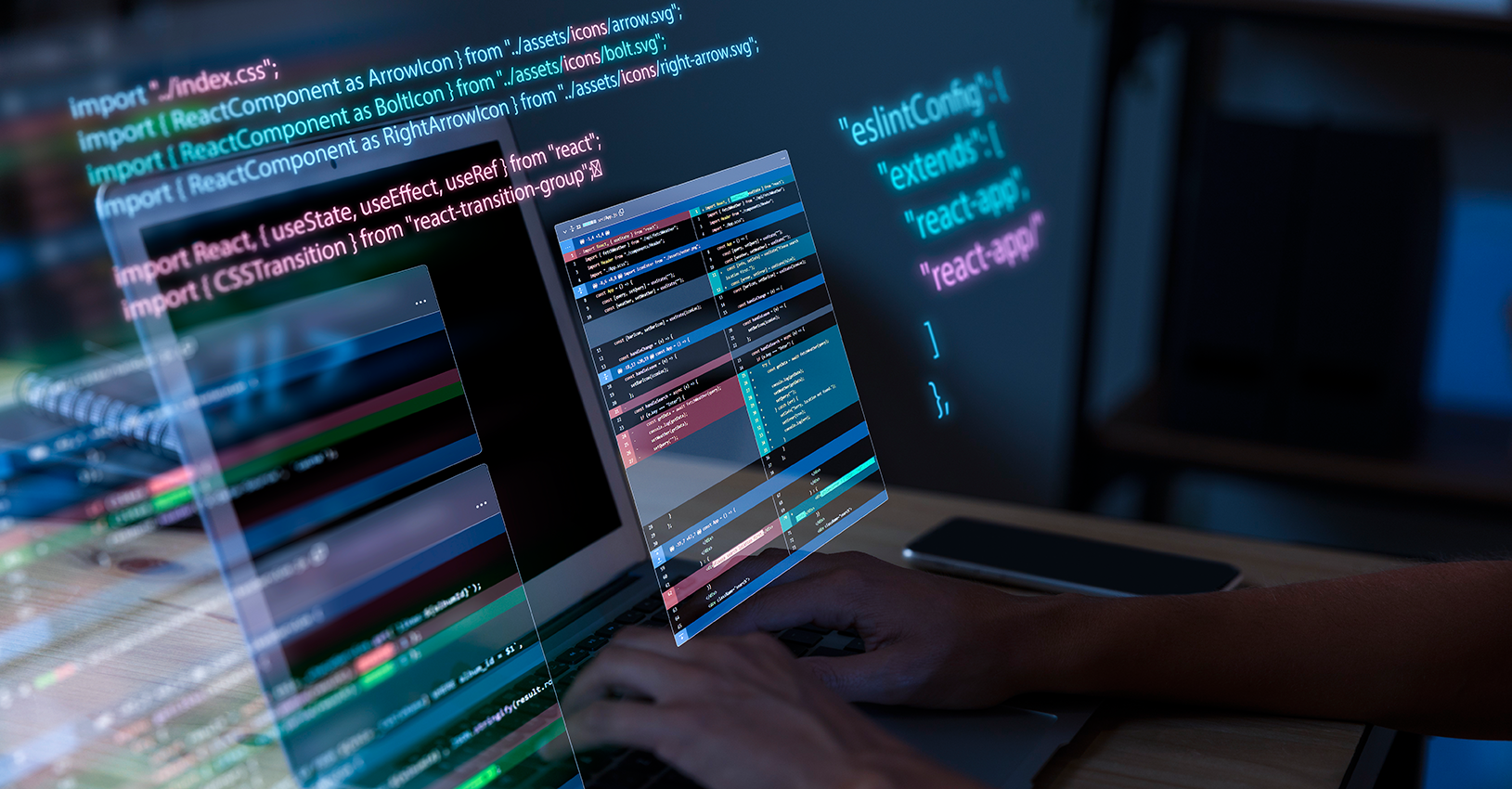 Detailed coding screen displays with multiple programming languages and tools, representing complex software development and web design environments.