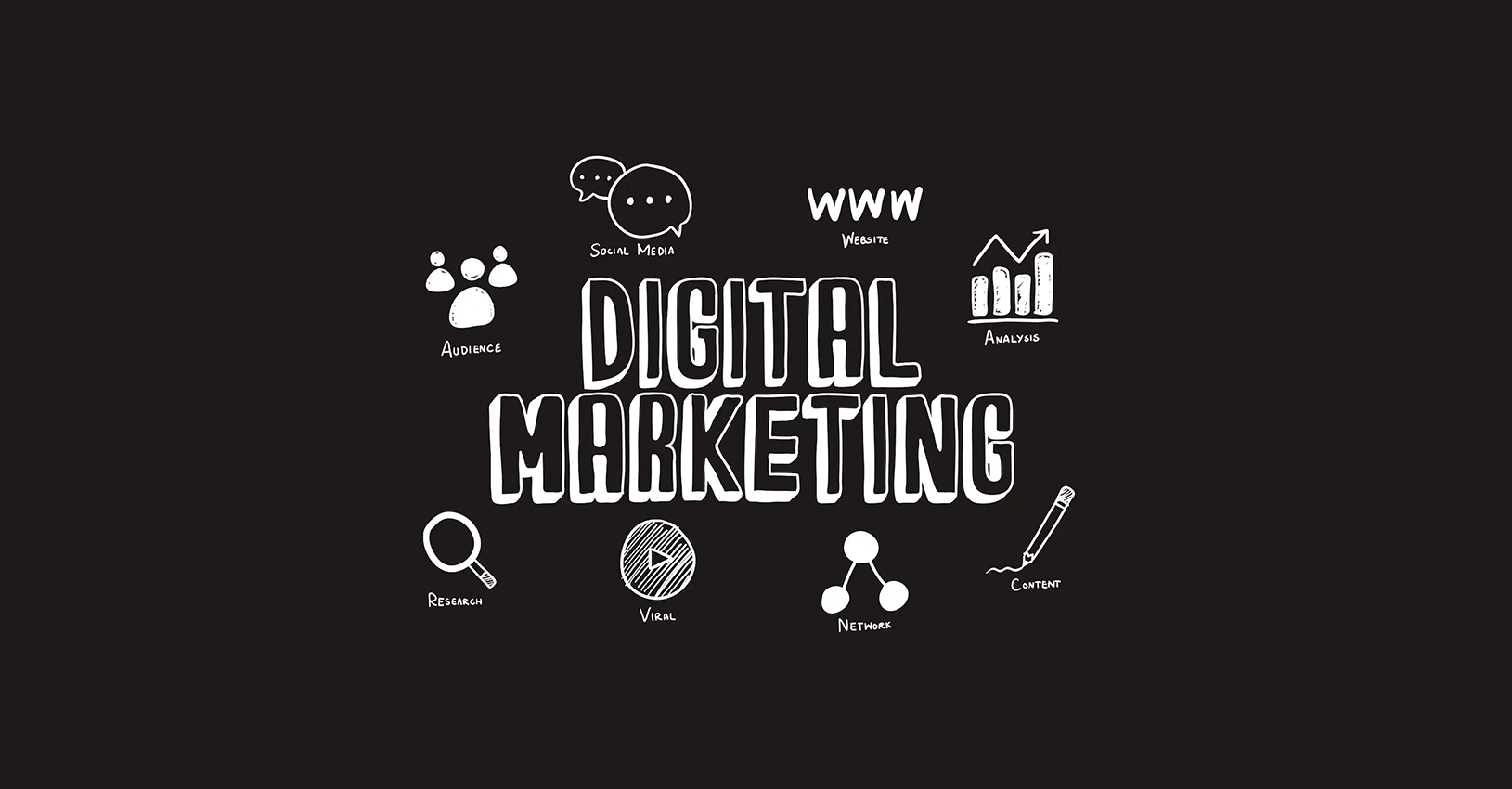 Creative black and white icons illustrating key digital marketing concepts such as social media, website development, and content strategy, perfect for educational and promotional uses.