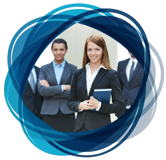 Corporate team of three professionals with a female leader in the forefront, set within a dynamic blue abstract frame, symbolizing teamwork and leadership.